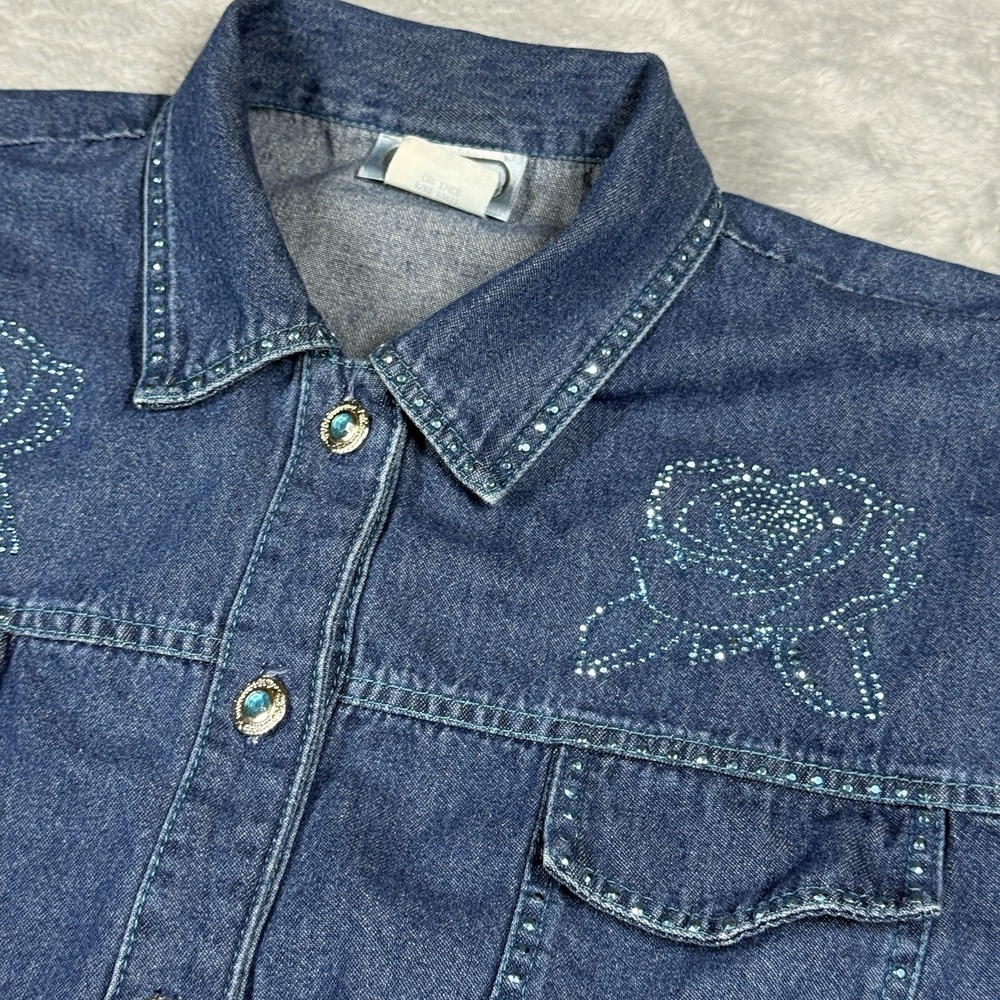 Saint Germain Paris Denim Shirt Woman L Blue Denim Button Rhinestone Roses‎
